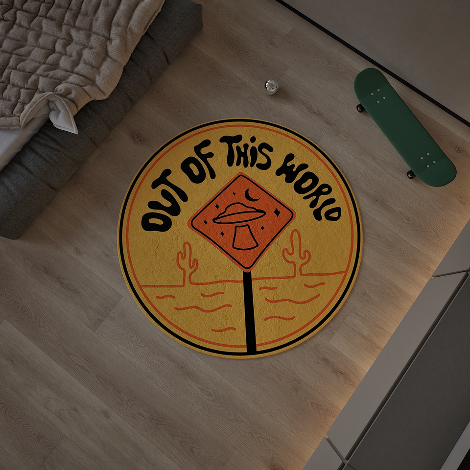 A stylish room featuring a round rug with a yellow background and an 