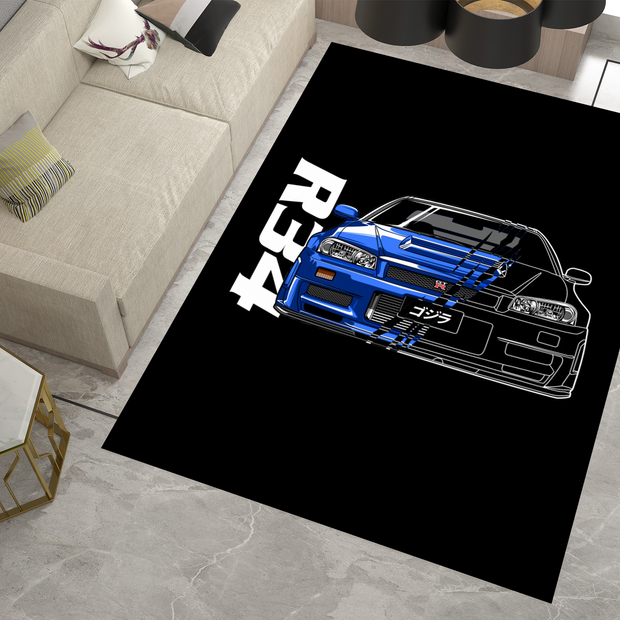 R34 GTR Godzilla  Garage Rug, Nissan Skyline Racing Car Carpet, JDM Enthusiast Decor