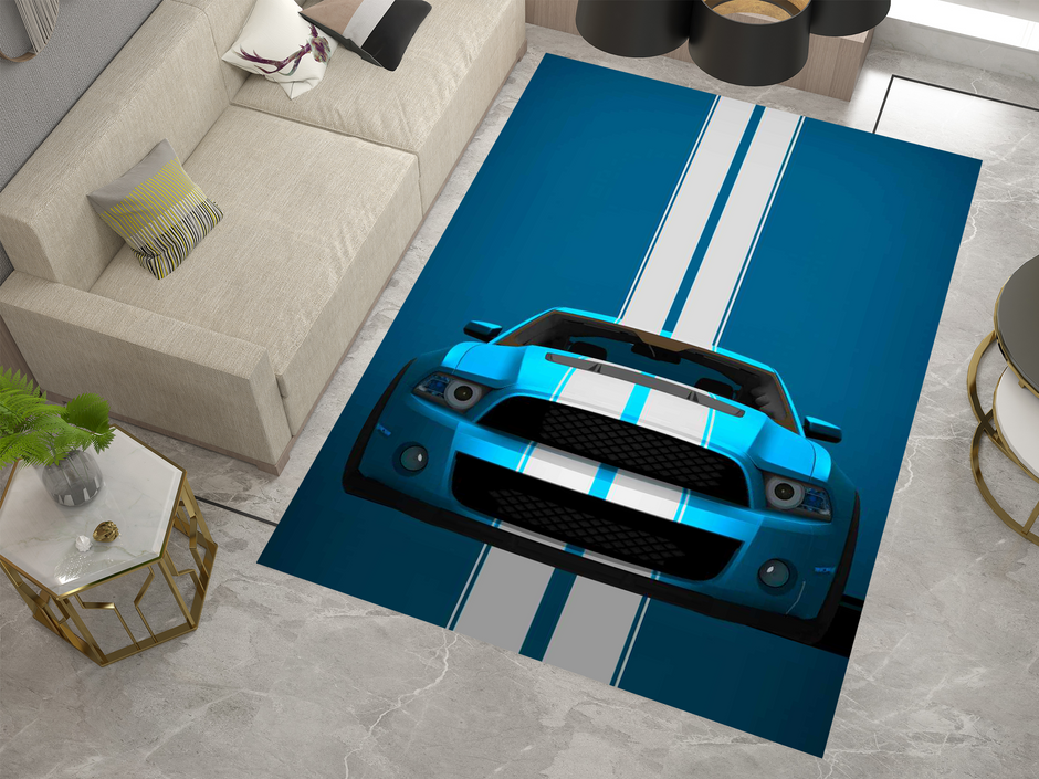 Mustang Car Rug, Ford Racing Inspired Carpet, Garage Rug, Ford Car Decoration