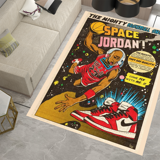 Space Jordan Comic-Style Basketball Rug - Retro Air Jordan Décor, Basketball Carpet