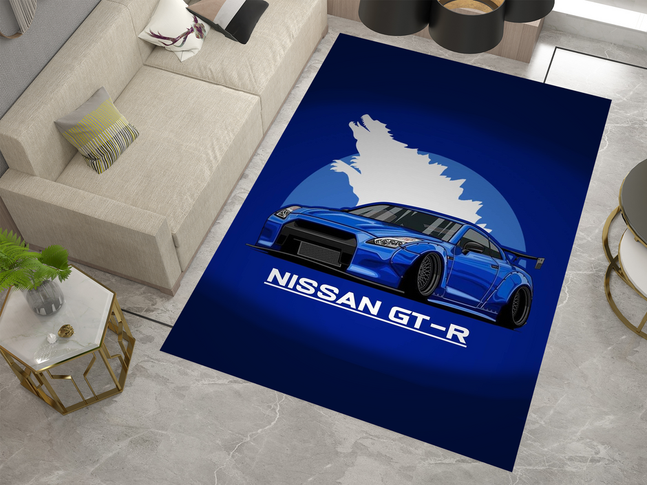 Nissan GTR Car Blue Rug, Racing Inspired Carpet, Garage Rug