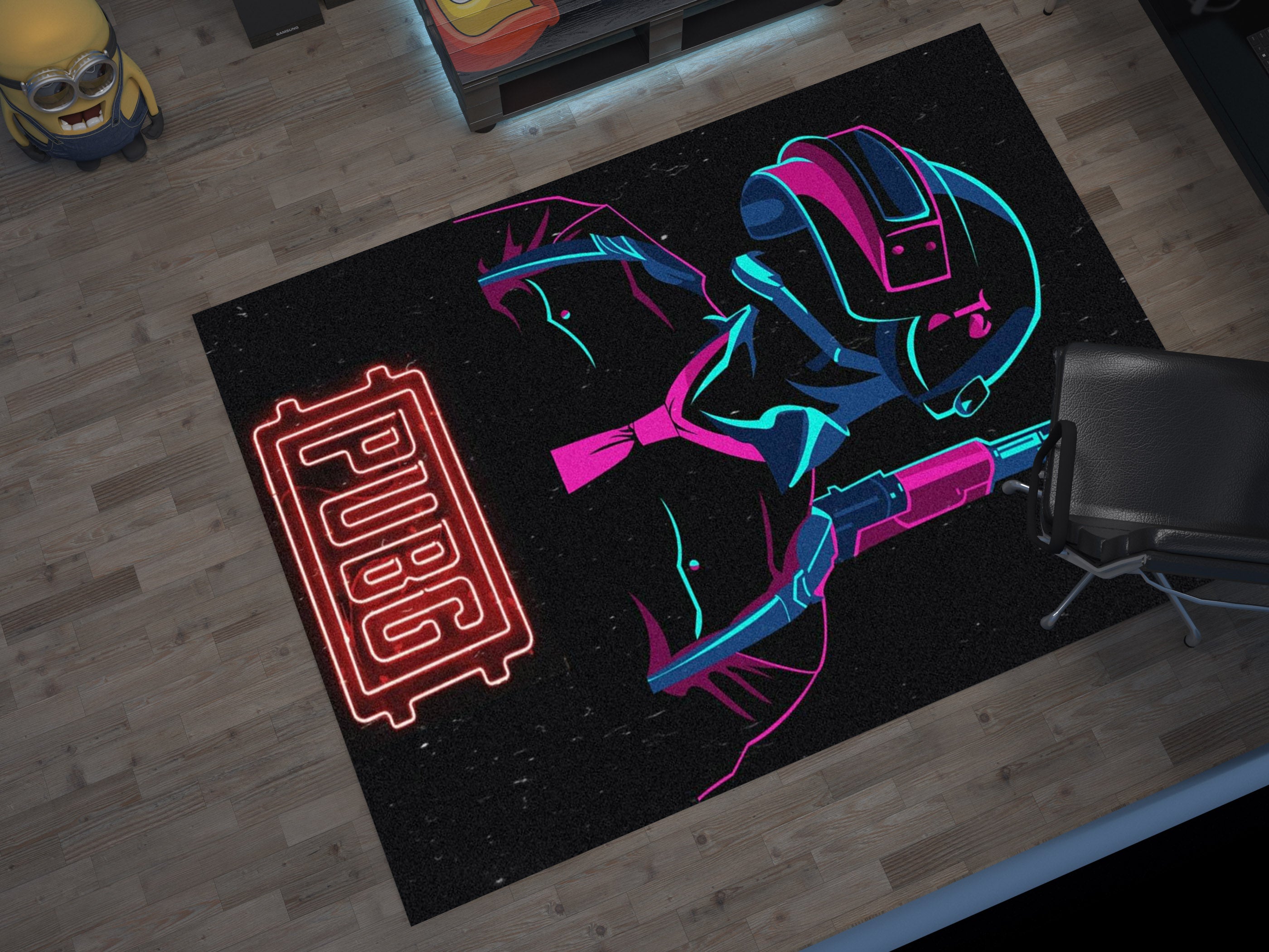 PUBG Neon Warrior Custom Rug – Gamer Room Decor for Battle Royale Fans, Gaming Room Carpet