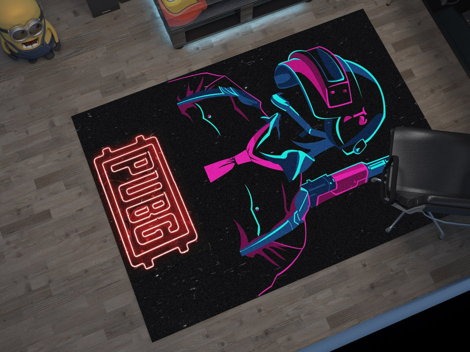 PUBG Neon Warrior Custom Rug – Gamer Room Decor for Battle Royale Fans, Gaming Room Carpet