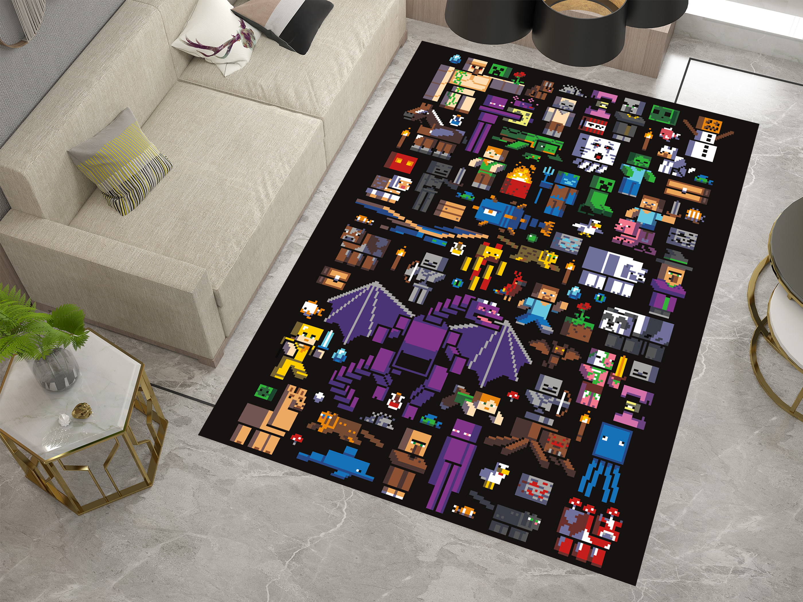 Pixelated Minecraft Characters Custom Rug – Gaming Decor for Fans, Gamer Carpet