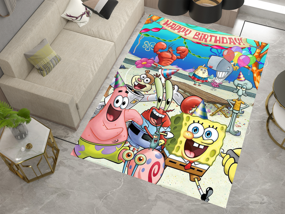 SpongeBob Happy Birthday Rug, Cartoon-Inspired Carpet, Kids' Room Rug