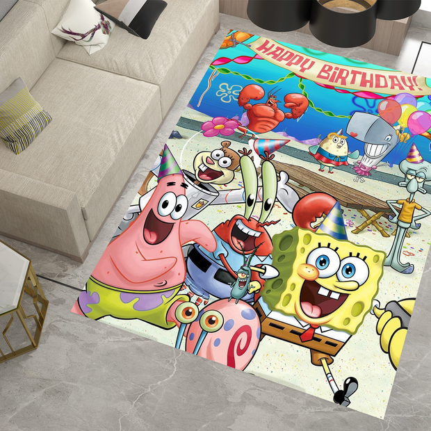 SpongeBob Happy Birthday Rug, Cartoon-Inspired Carpet, Kids' Room Rug
