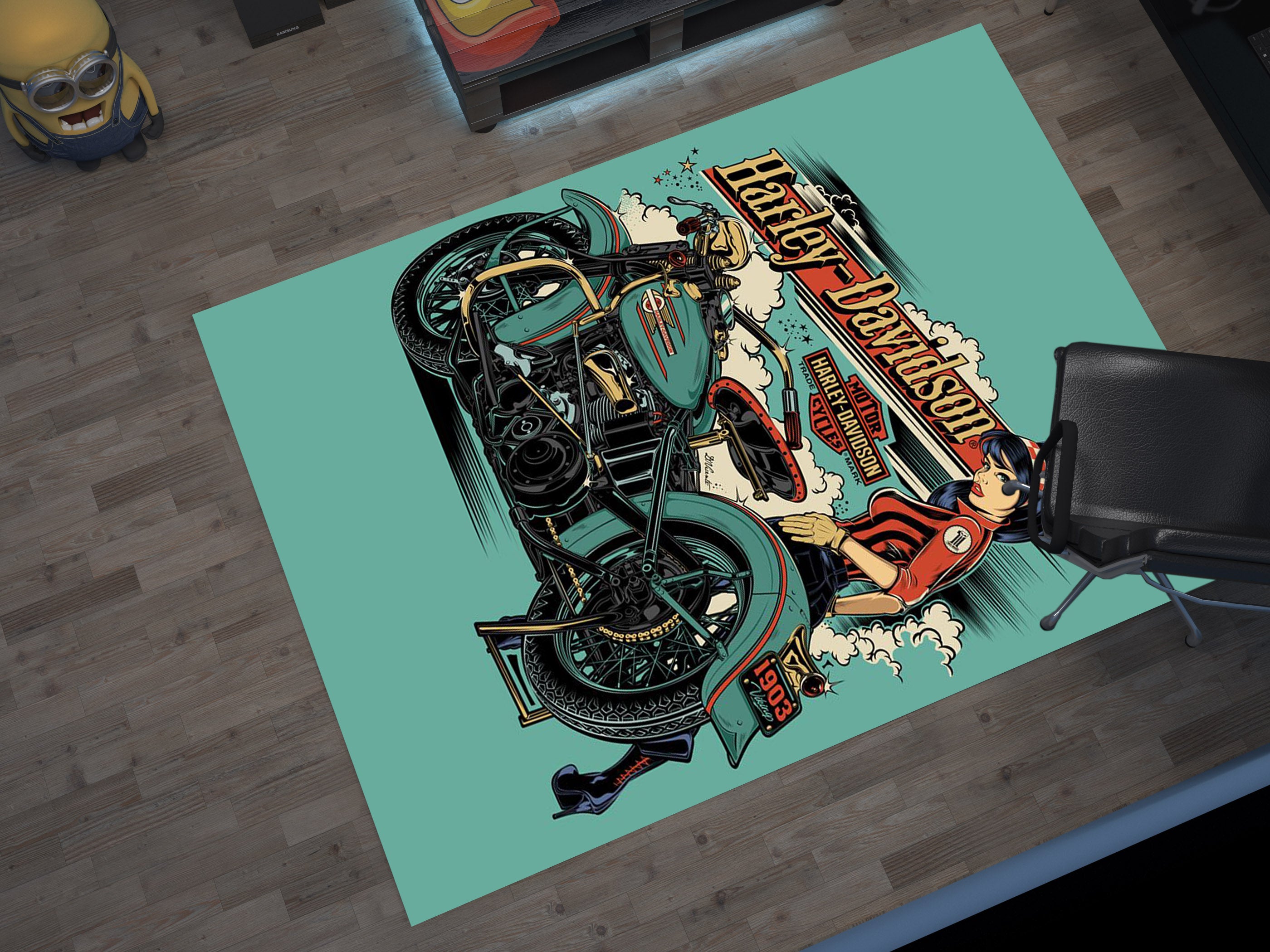 Harley-Davidson Road Custom Rug – Biker-Inspired Garage Decor for Motorcycle Enthusiasts, Motorcycle Carpet