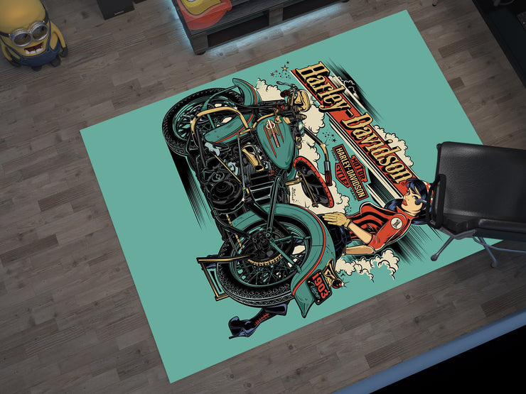Harley-Davidson Road Custom Rug – Biker-Inspired Garage Decor for Motorcycle Enthusiasts, Motorcycle Carpet