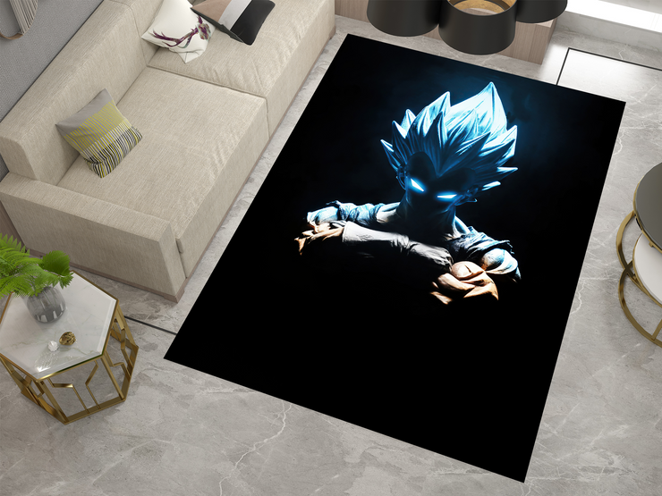Super Saiyan Blue Goku Silhouette Rug, Dragon Ball Z Rug, Anime Glow-Inspired Carpet