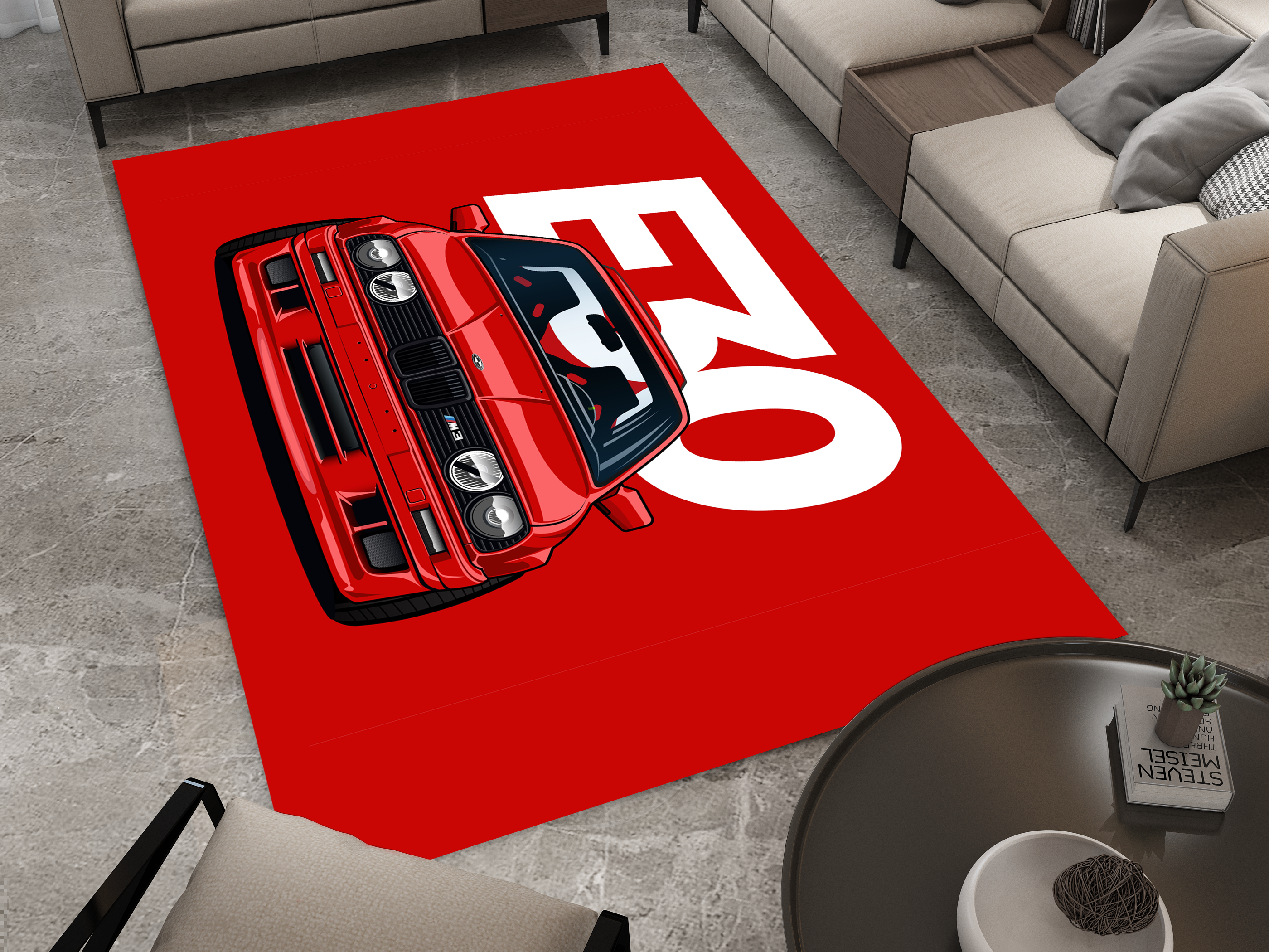 BMW E30 Car Rug, Racing Inspired Red Carpet, Garage Rug