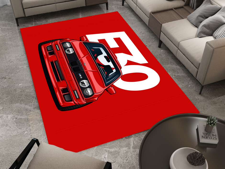 BMW E30 Car Rug, Racing Inspired Red Carpet, Garage Rug