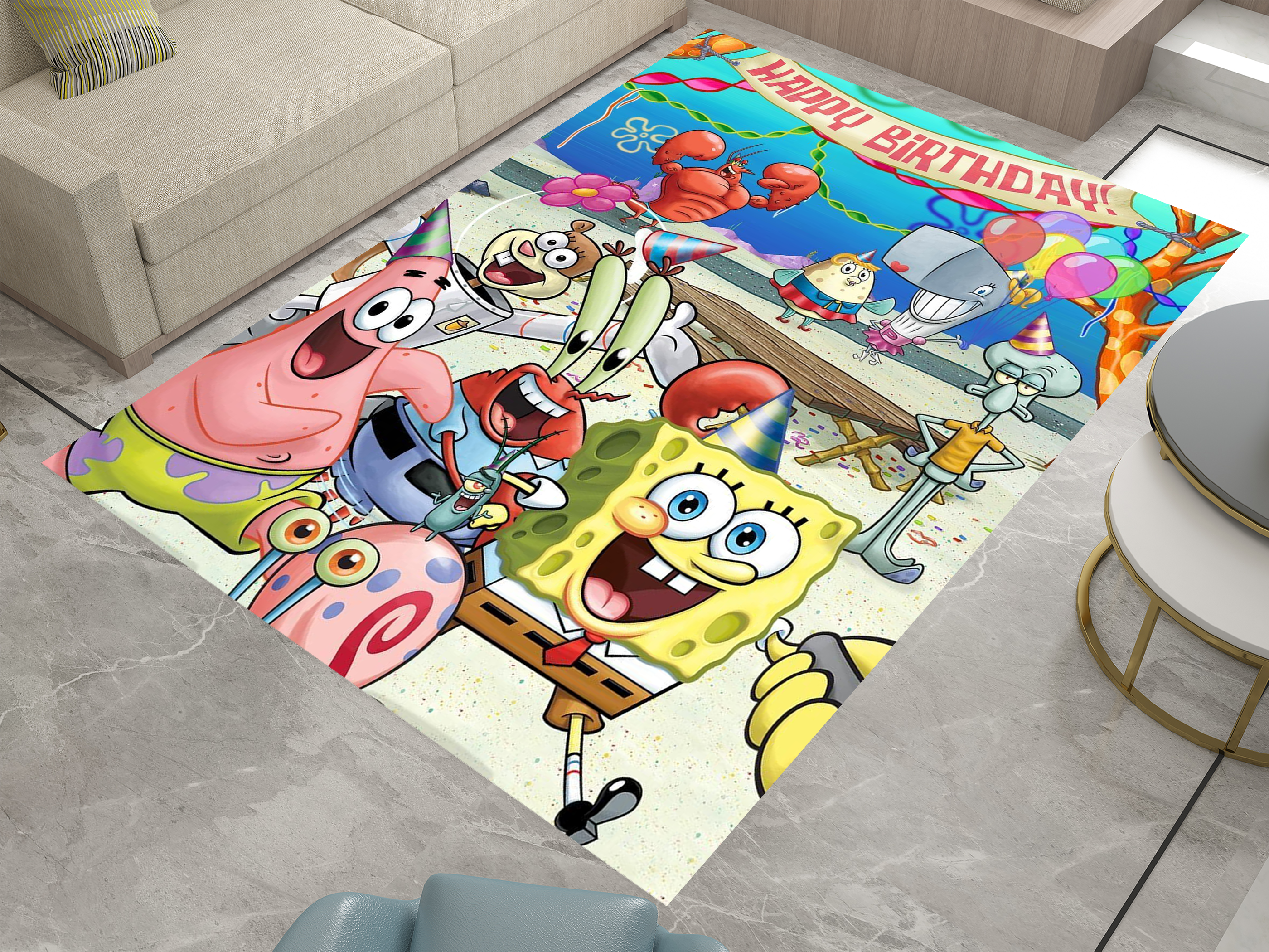 SpongeBob Happy Birthday Rug, Cartoon-Inspired Carpet, Kids' Room Rug