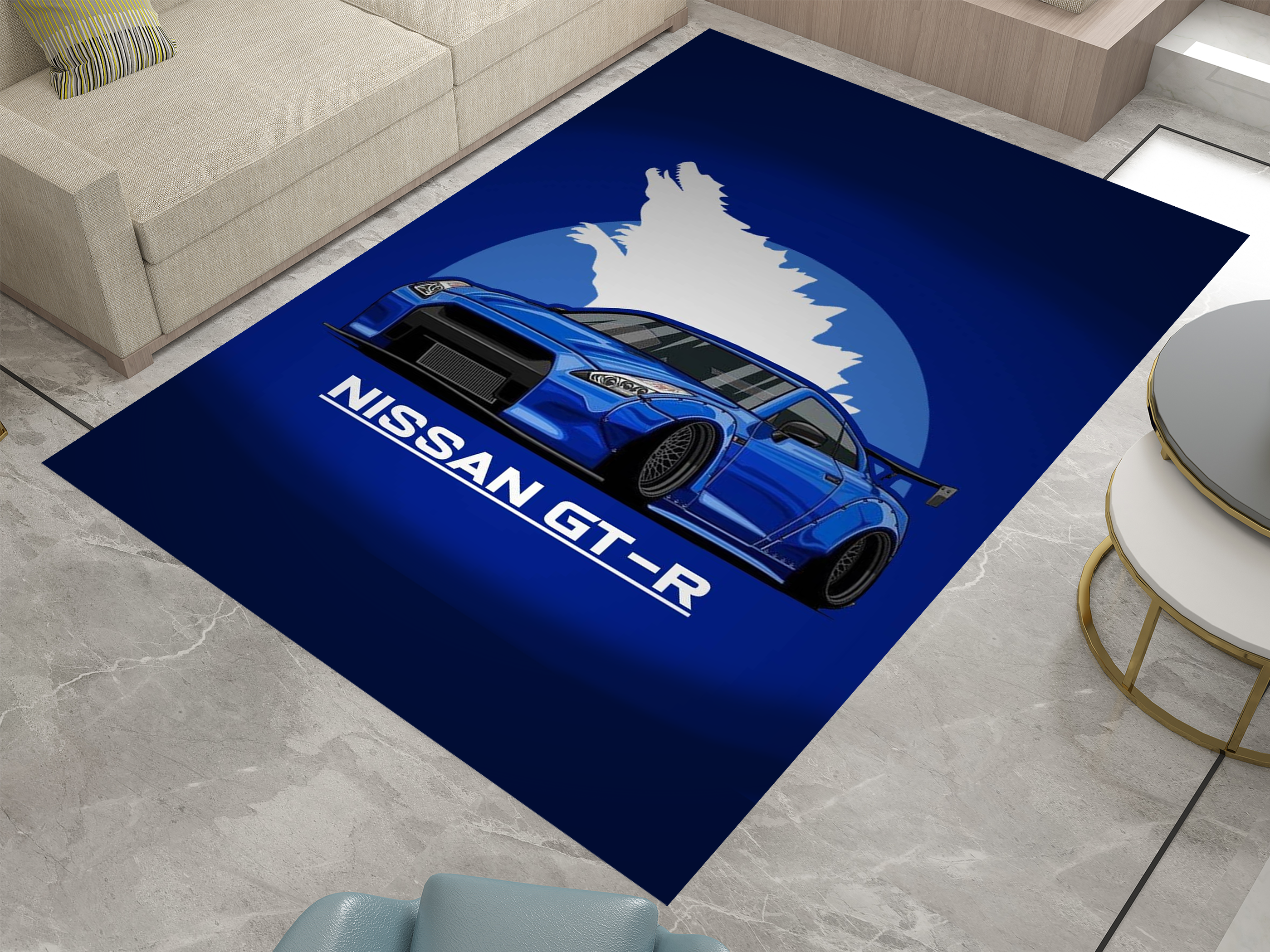 Nissan GTR Car Blue Rug, Racing Inspired Carpet, Garage Rug
