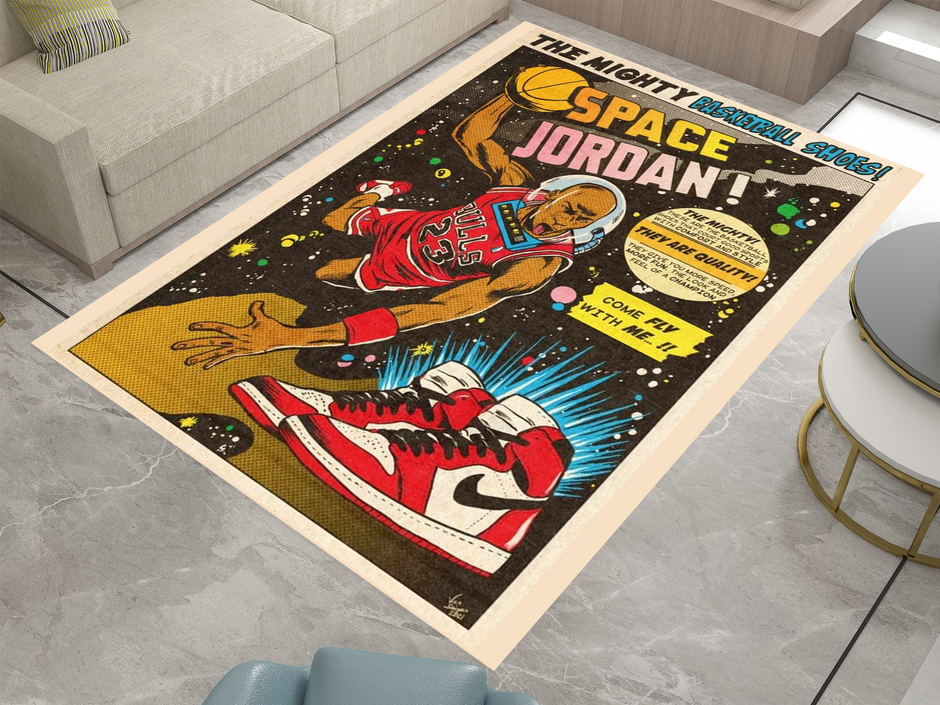 Space Jordan Comic-Style Basketball Rug - Retro Air Jordan Décor, Basketball Carpet