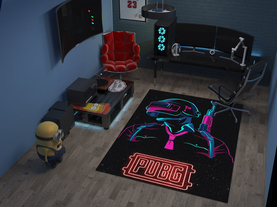 PUBG Neon Warrior Custom Rug – Gamer Room Decor for Battle Royale Fans, Gaming Room Carpet