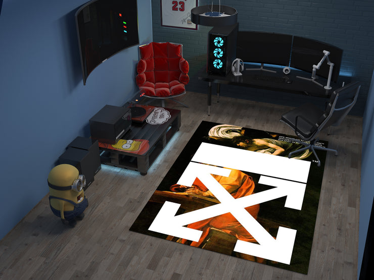Off-White Art-Inspired Custom Rug – Bold Design for Fashion and Art Lovers, Designer Brand Carpet