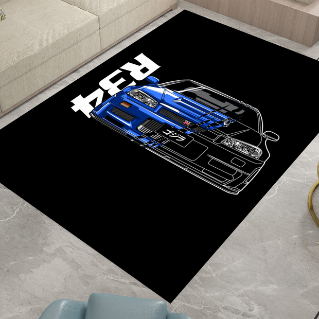 R34 GTR Godzilla  Garage Rug, Nissan Skyline Racing Car Carpet, JDM Enthusiast Decor