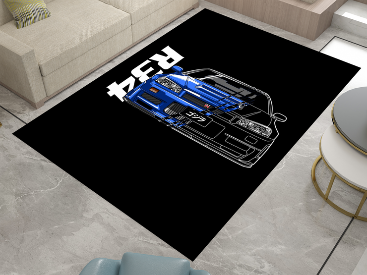 R34 GTR Godzilla  Garage Rug, Nissan Skyline Racing Car Carpet, JDM Enthusiast Decor