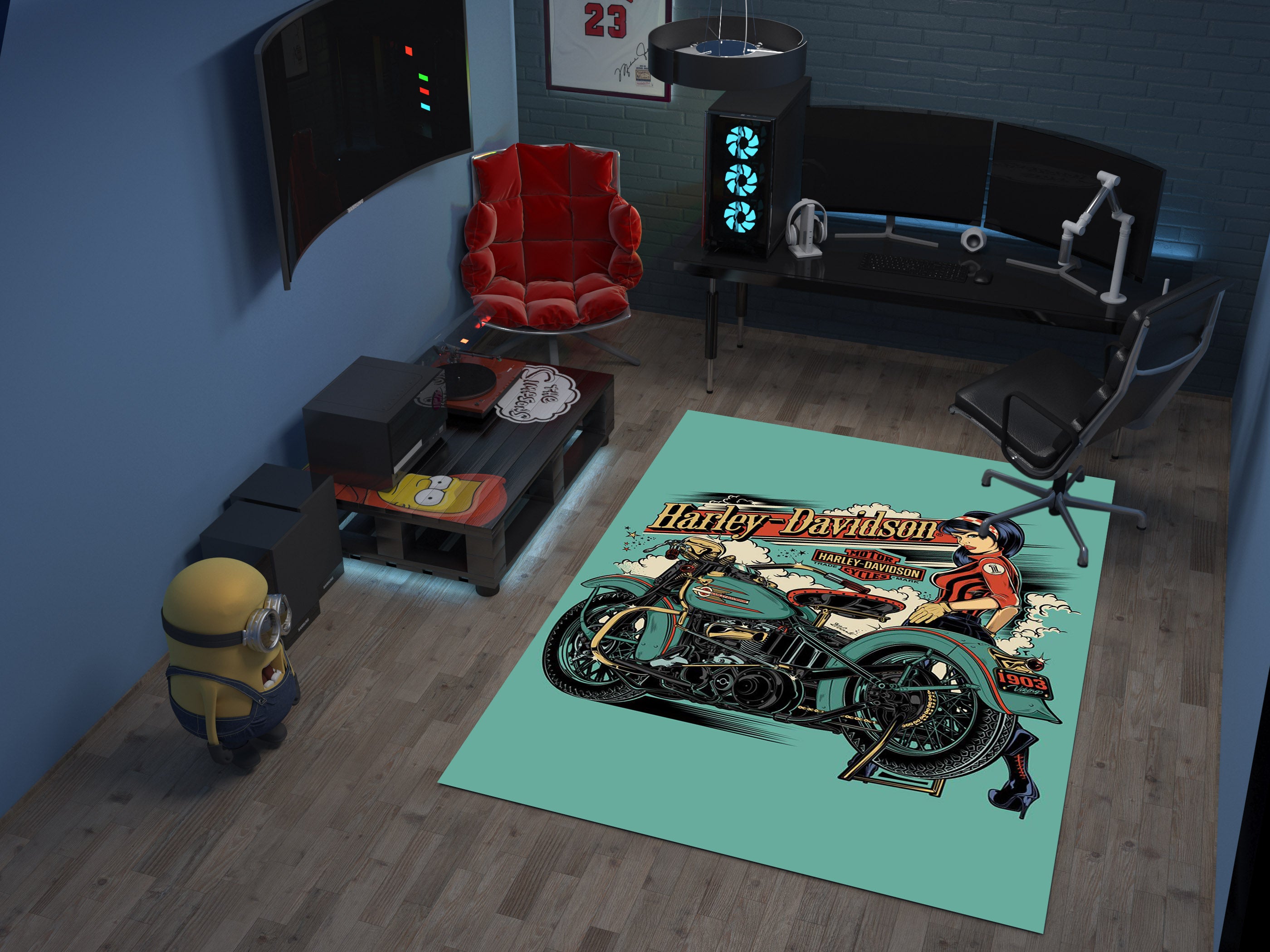 Harley-Davidson Road Custom Rug – Biker-Inspired Garage Decor for Motorcycle Enthusiasts, Motorcycle Carpet