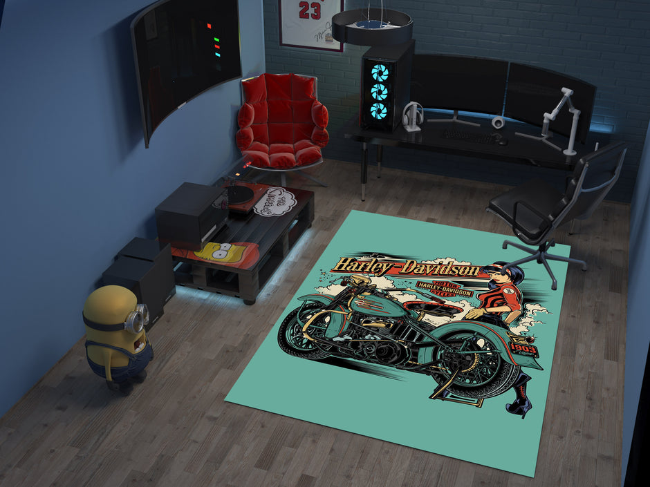 Harley-Davidson Road Custom Rug – Biker-Inspired Garage Decor for Motorcycle Enthusiasts, Motorcycle Carpet