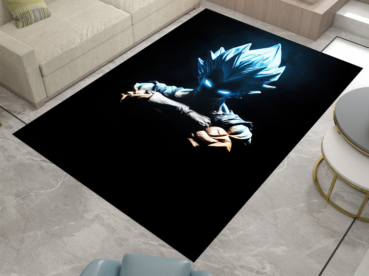 Super Saiyan Blue Goku Silhouette Rug, Dragon Ball Z Rug, Anime Glow-Inspired Carpet