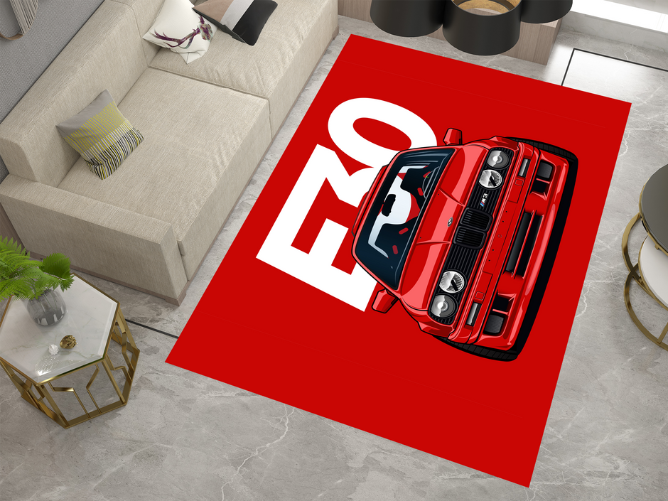 BMW E30 Car Rug, Racing Inspired Red Carpet, Garage Rug