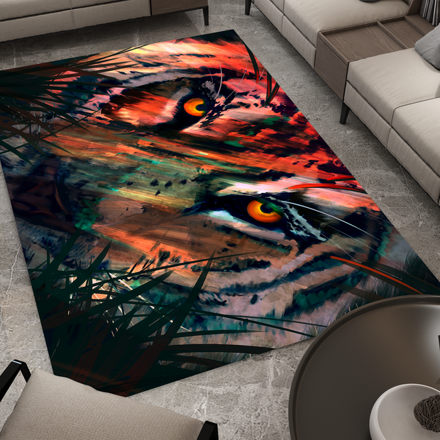 Eye of the Tiger Rug, Vivid Tiger Eyes Carpet, Wild Animal Art, Survivor Jungle-Inspired Carpet