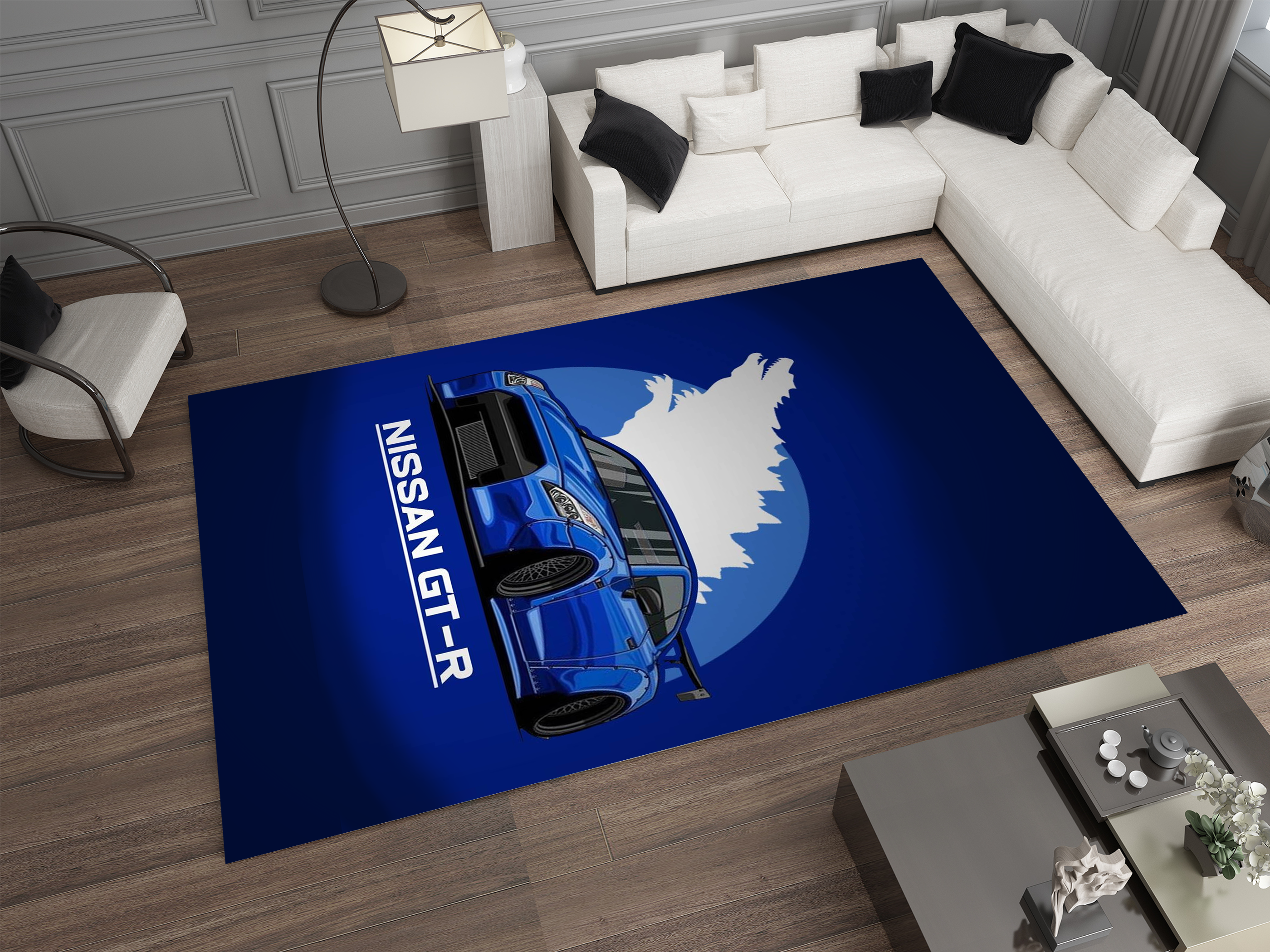 Nissan GTR Car Blue Rug, Racing Inspired Carpet, Garage Rug