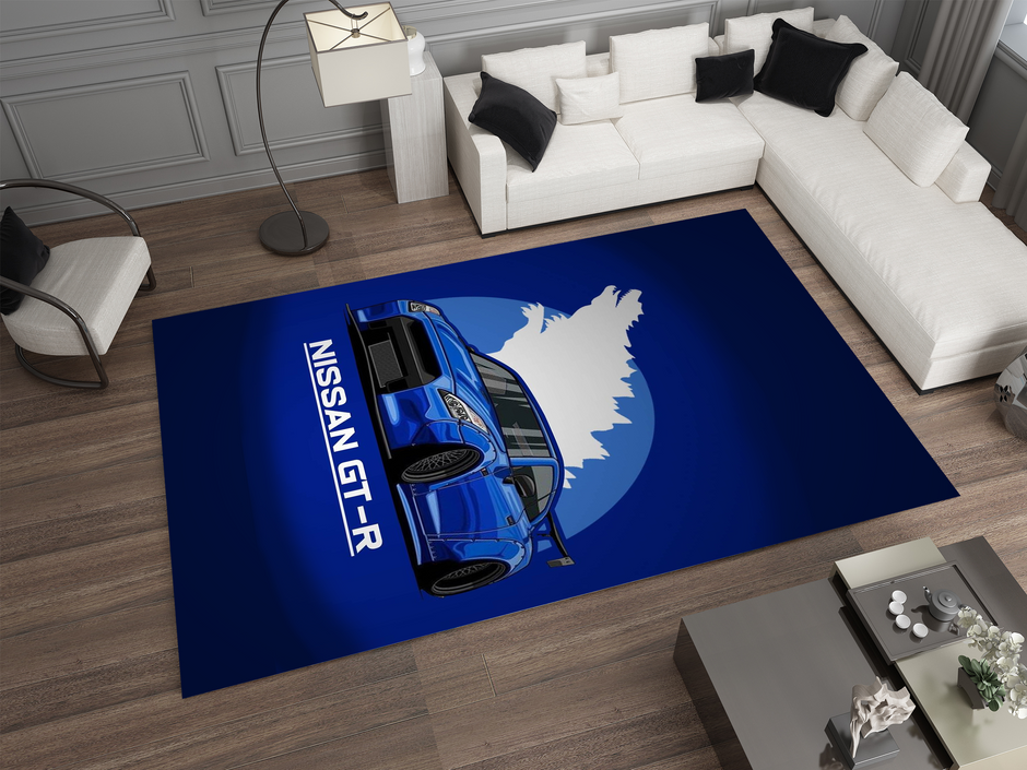 Nissan GTR Car Blue Rug, Racing Inspired Carpet, Garage Rug