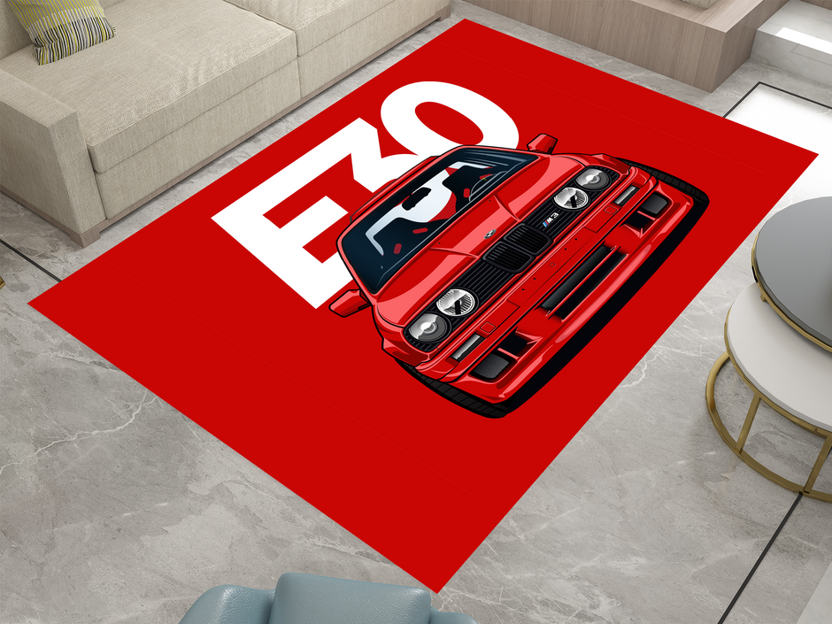 BMW E30 Car Rug, Racing Inspired Red Carpet, Garage Rug