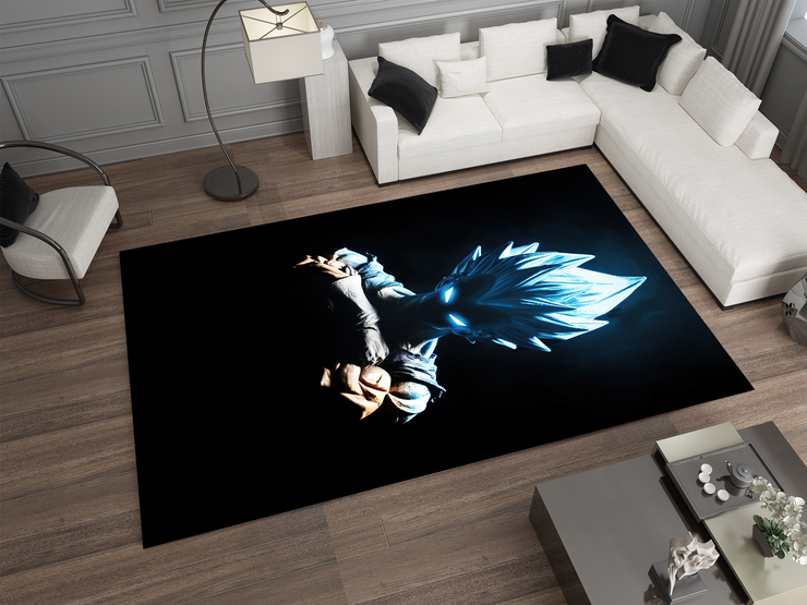 Super Saiyan Blue Goku Silhouette Rug, Dragon Ball Z Rug, Anime Glow-Inspired Carpet