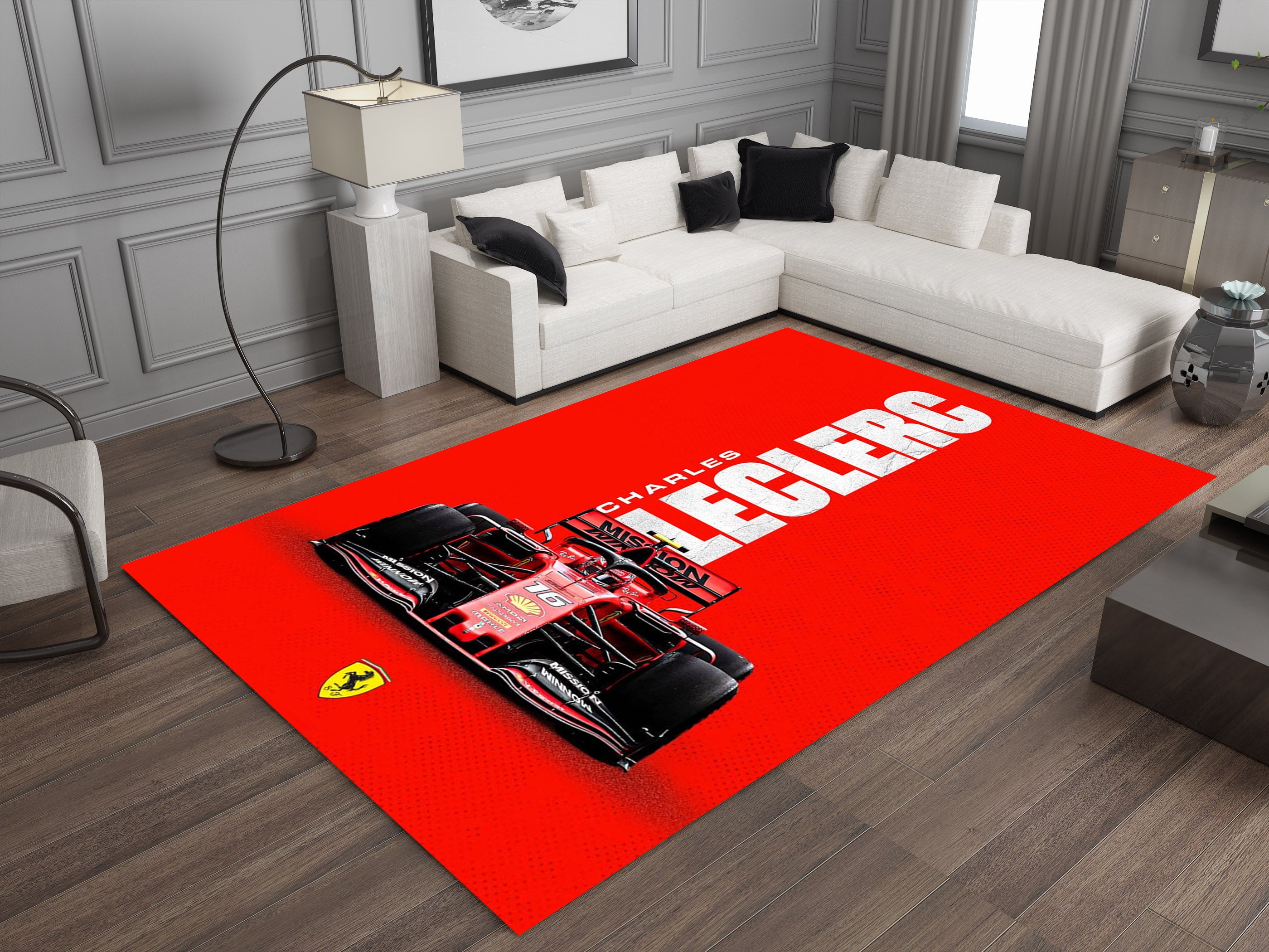 Race Car F1 Custom Rug – Charles Leclerc Formula 1 Icon Room Decor for Racing Fans, Garage Carpet
