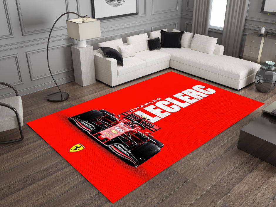 Race Car F1 Custom Rug – Charles Leclerc Formula 1 Icon Room Decor for Racing Fans, Garage Carpet