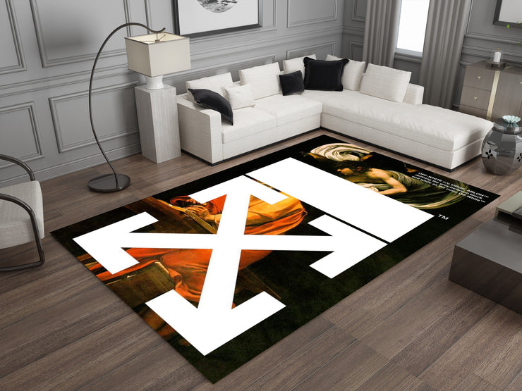 Off-White Art-Inspired Custom Rug – Bold Design for Fashion and Art Lovers, Designer Brand Carpet