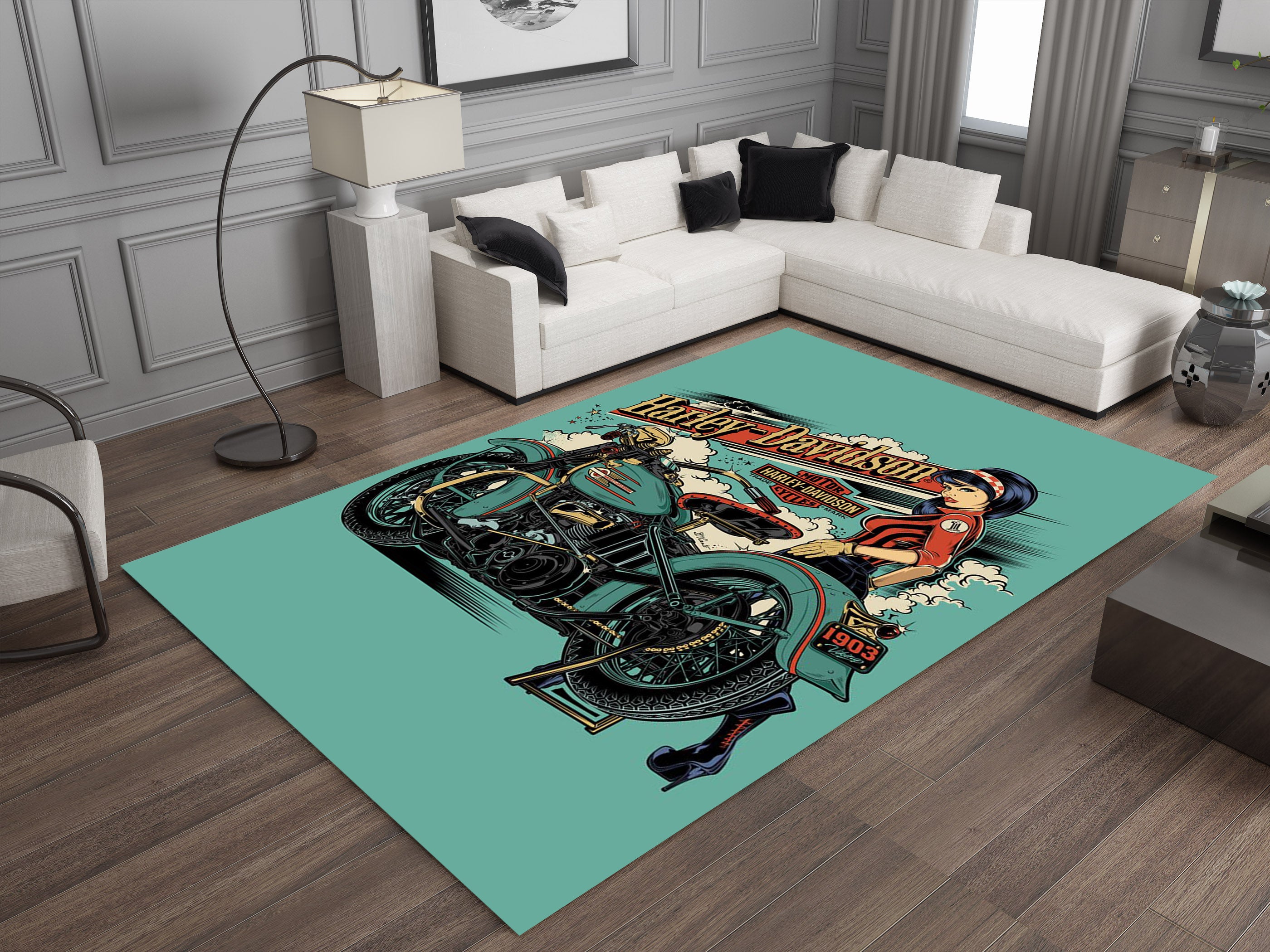 Harley-Davidson Road Custom Rug – Biker-Inspired Garage Decor for Motorcycle Enthusiasts, Motorcycle Carpet