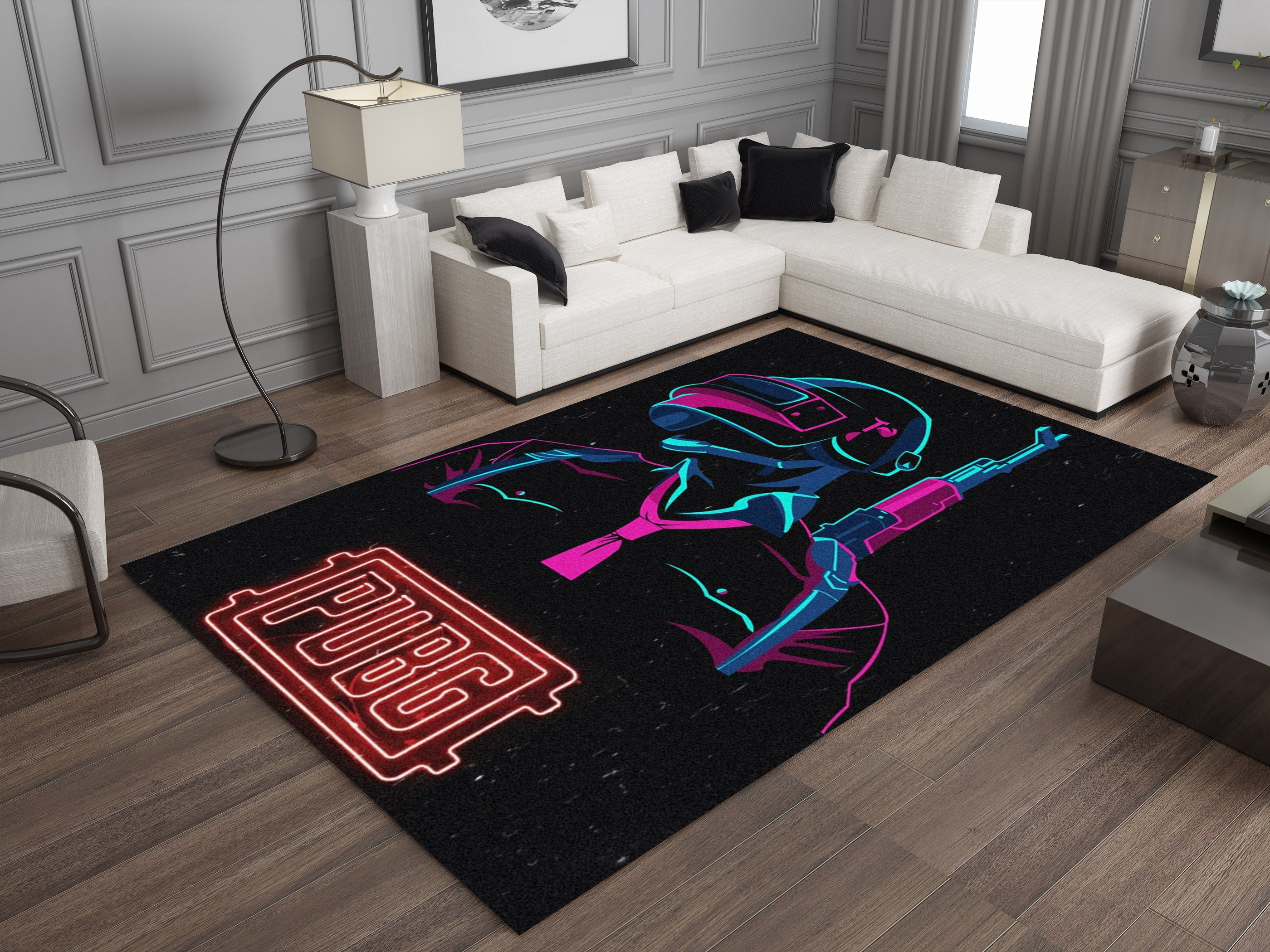 PUBG Neon Warrior Custom Rug – Gamer Room Decor for Battle Royale Fans, Gaming Room Carpet