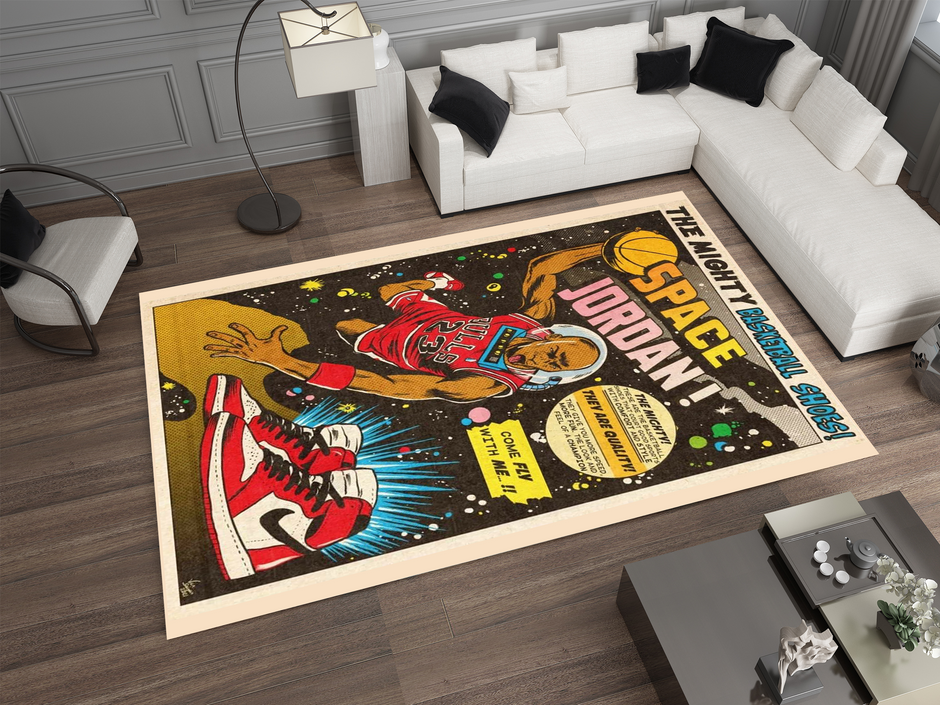 Space Jordan Comic-Style Basketball Rug - Retro Air Jordan Décor, Basketball Carpet