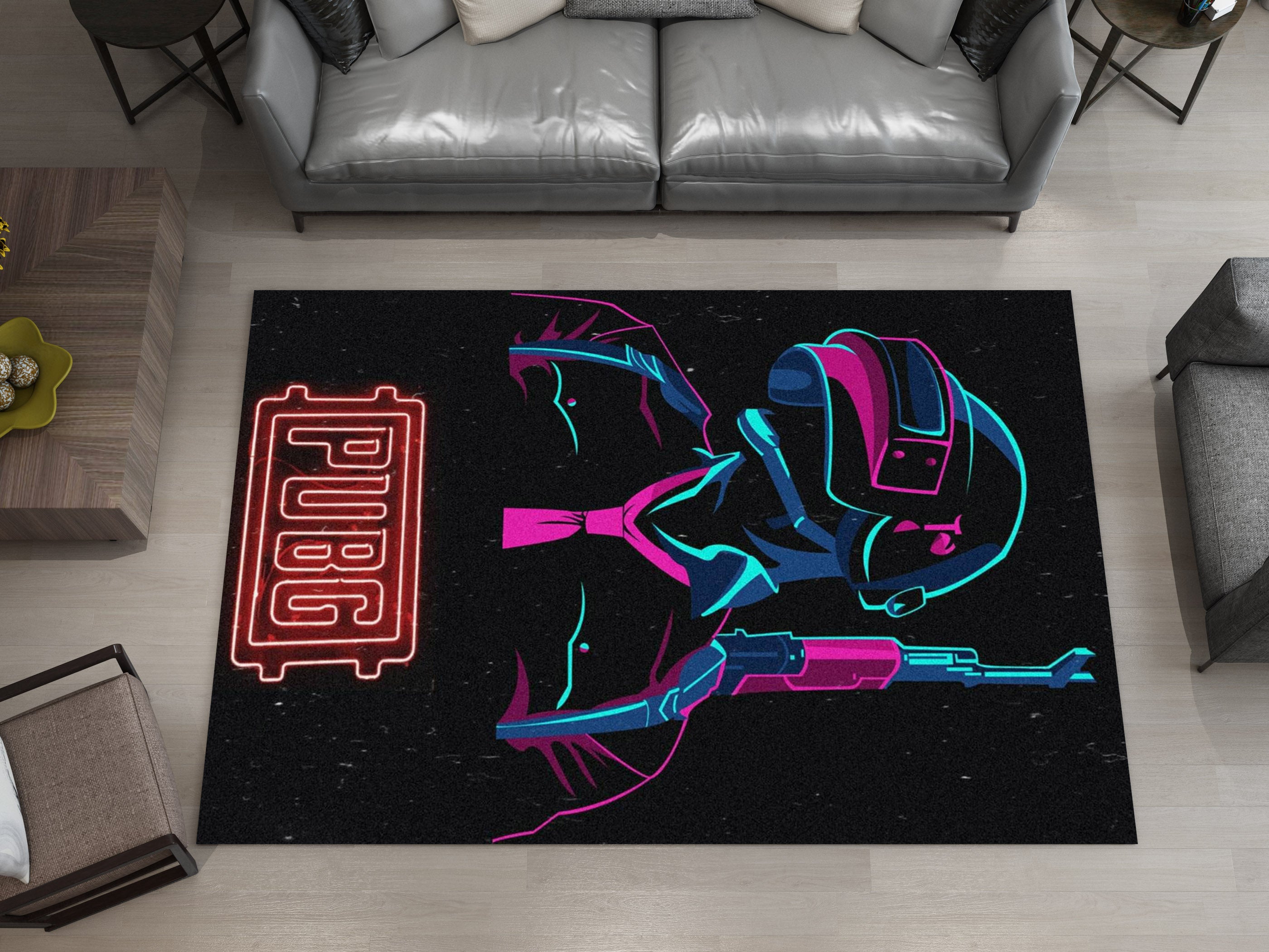 PUBG Neon Warrior Custom Rug – Gamer Room Decor for Battle Royale Fans, Gaming Room Carpet