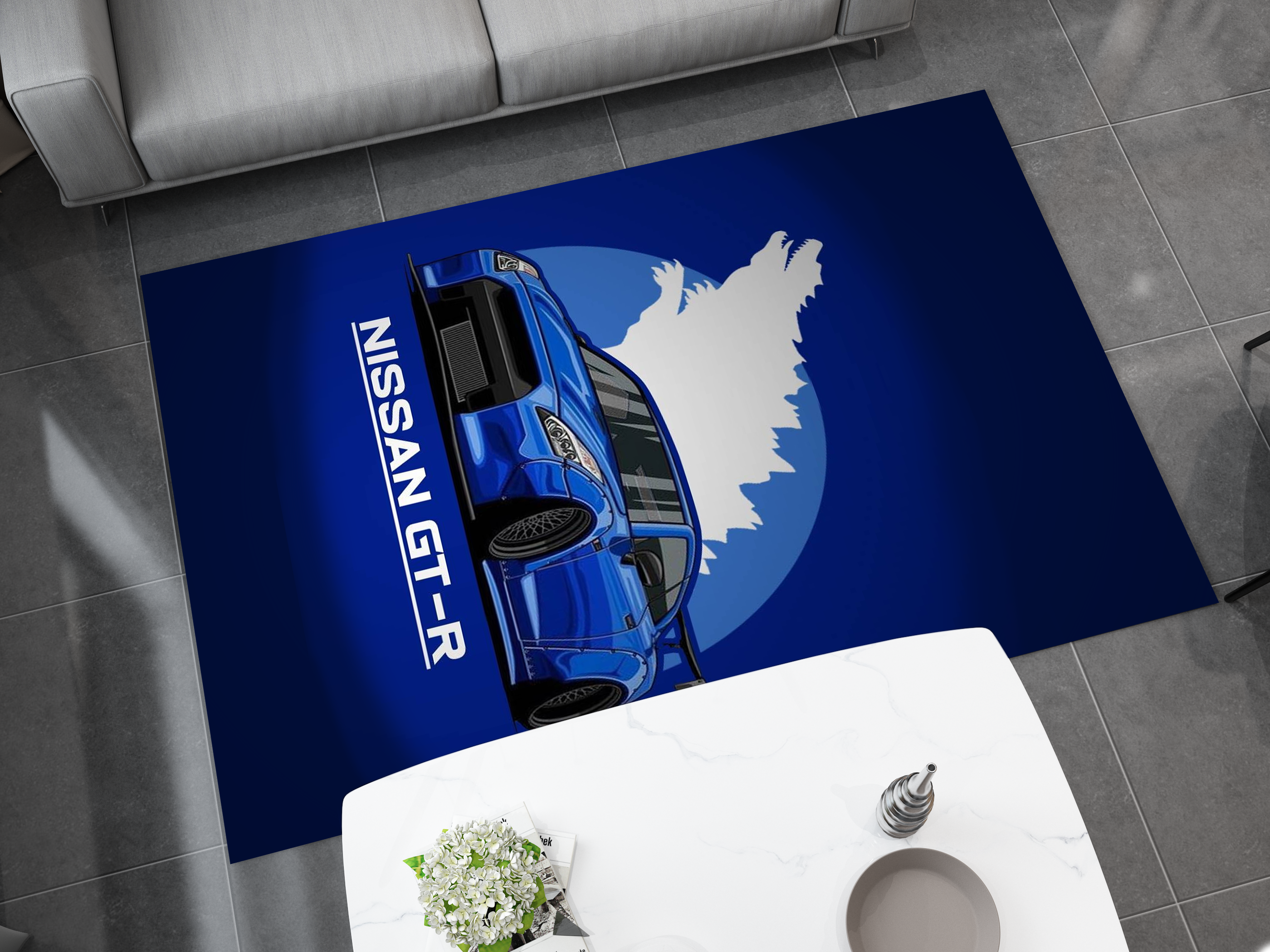 Nissan GTR Car Blue Rug, Racing Inspired Carpet, Garage Rug