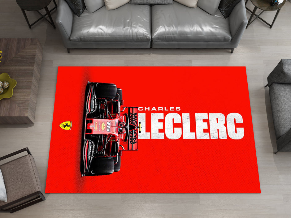 Race Car F1 Custom Rug – Charles Leclerc Formula 1 Icon Room Decor for Racing Fans, Garage Carpet