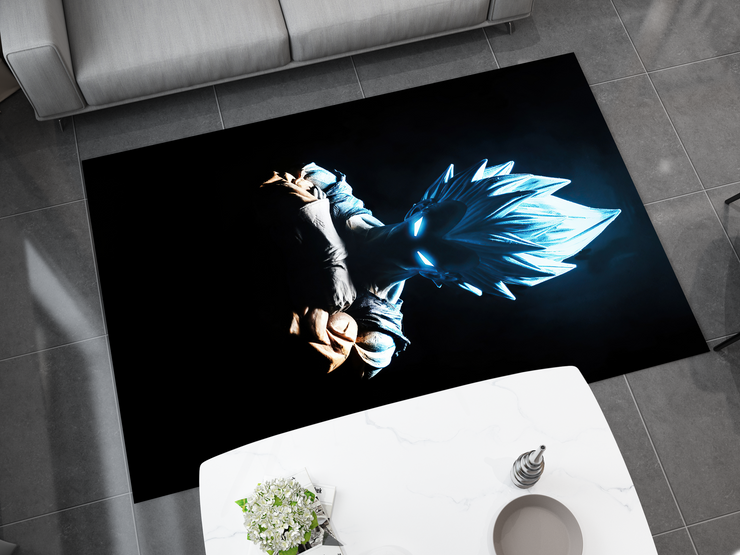 Super Saiyan Blue Goku Silhouette Rug, Dragon Ball Z Rug, Anime Glow-Inspired Carpet