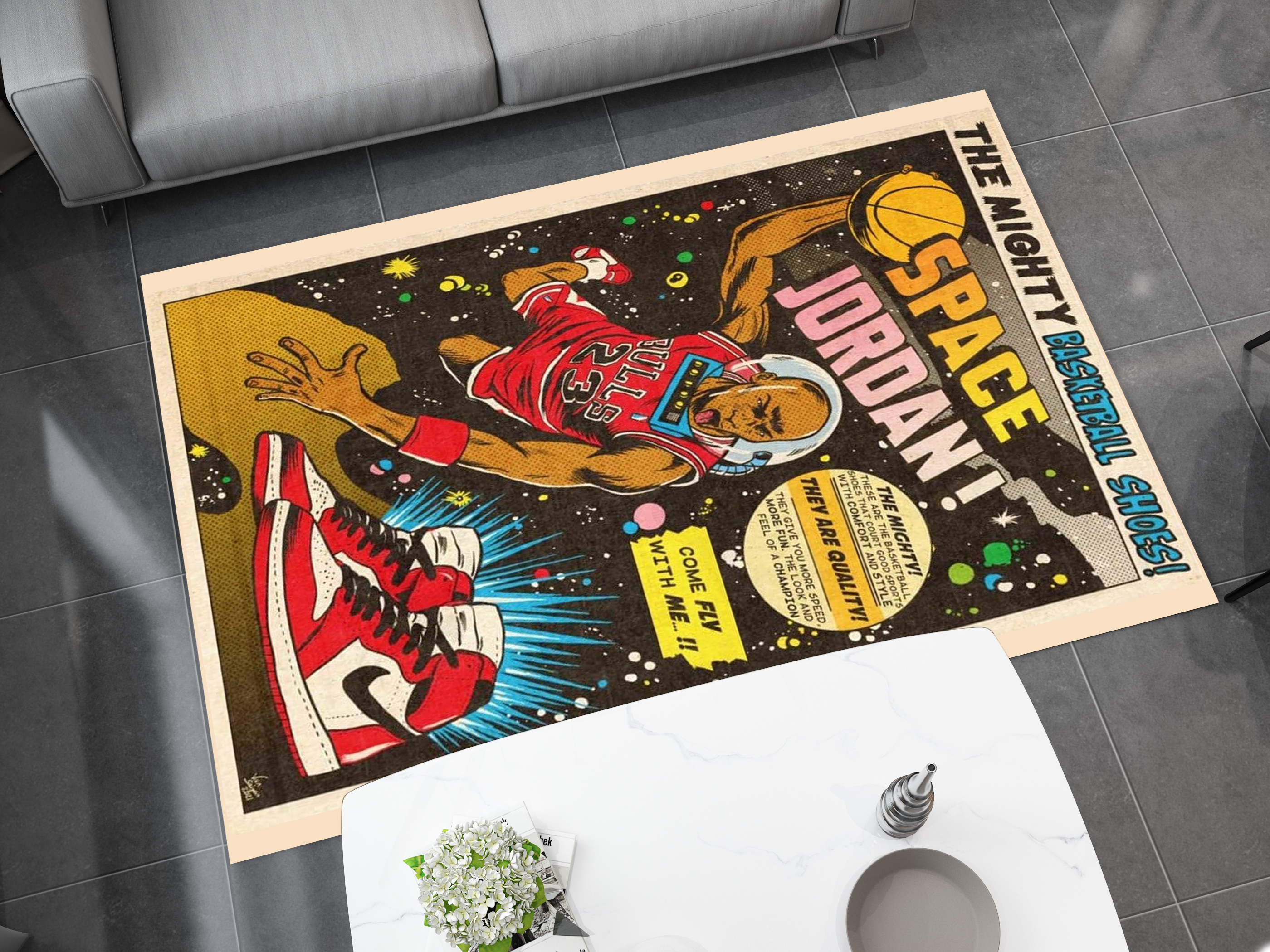 Space Jordan Comic-Style Basketball Rug - Retro Air Jordan Décor, Basketball Carpet