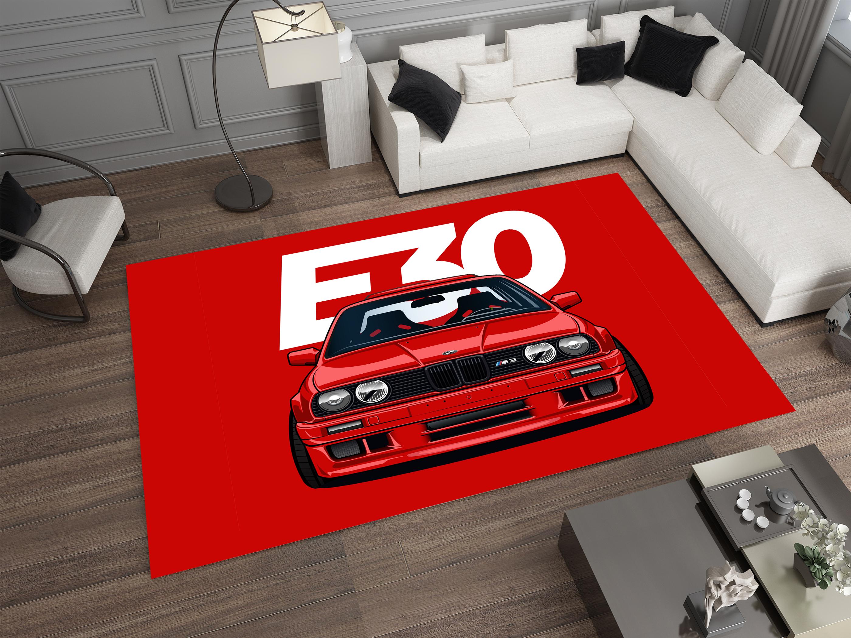 BMW E30 Car Rug, Racing Inspired Red Carpet, Garage Rug