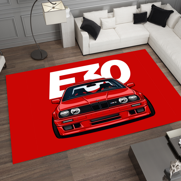 BMW E30 Car Rug, Racing Inspired Red Carpet, Garage Rug