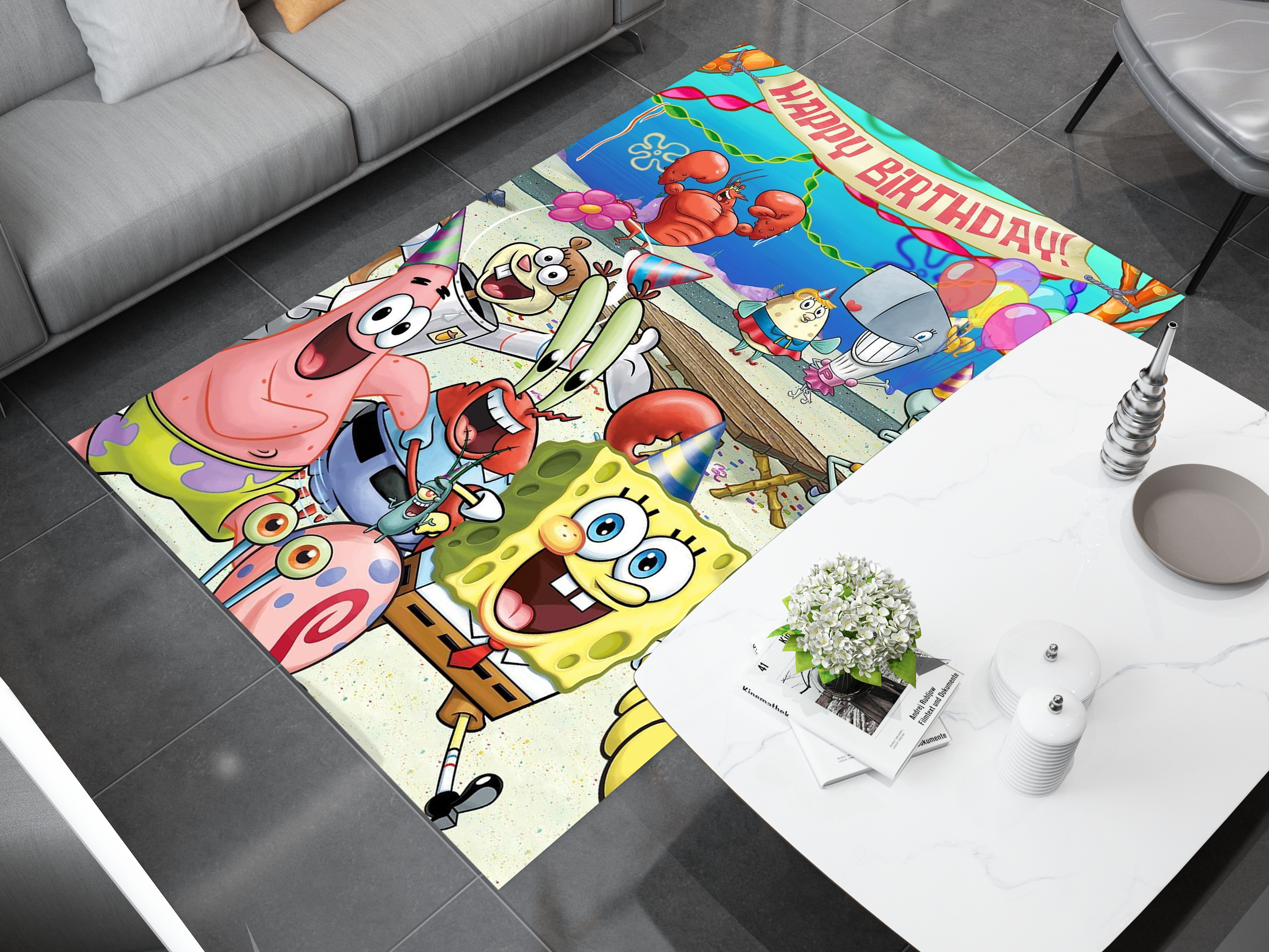 SpongeBob Happy Birthday Rug, Cartoon-Inspired Carpet, Kids' Room Rug