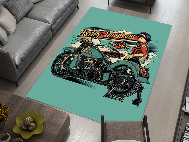 Harley-Davidson Road Custom Rug – Biker-Inspired Garage Decor for Motorcycle Enthusiasts, Motorcycle Carpet