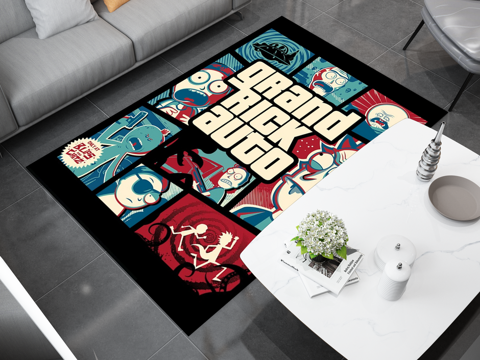 Rick and Morty GTA Rug, Cartoon-Inspired Carpet, Portal Rick Rug, Geek Gift, Gamer Decoration