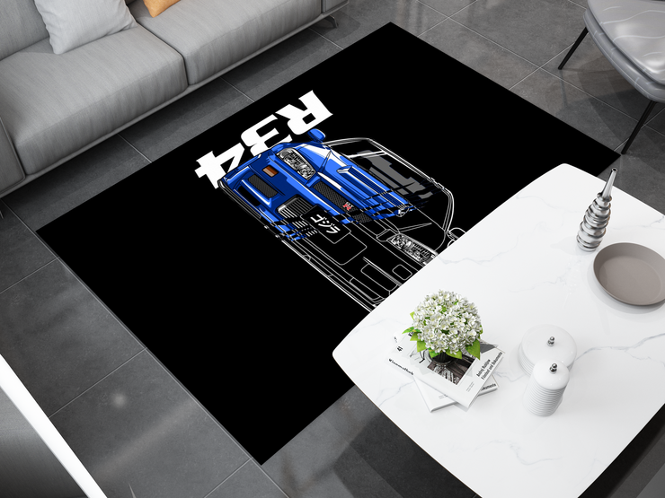 R34 GTR Godzilla  Garage Rug, Nissan Skyline Racing Car Carpet, JDM Enthusiast Decor