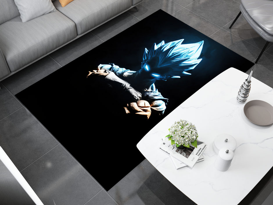 Super Saiyan Blue Goku Silhouette Rug, Dragon Ball Z Rug, Anime Glow-Inspired Carpet