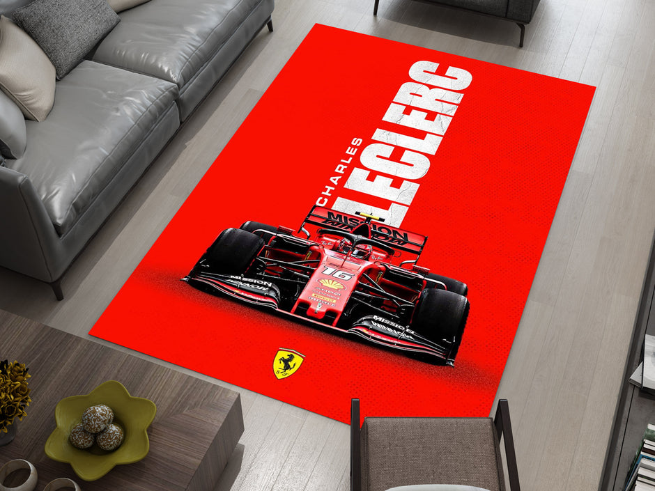 Race Car F1 Custom Rug – Charles Leclerc Formula 1 Icon Room Decor for Racing Fans, Garage Carpet